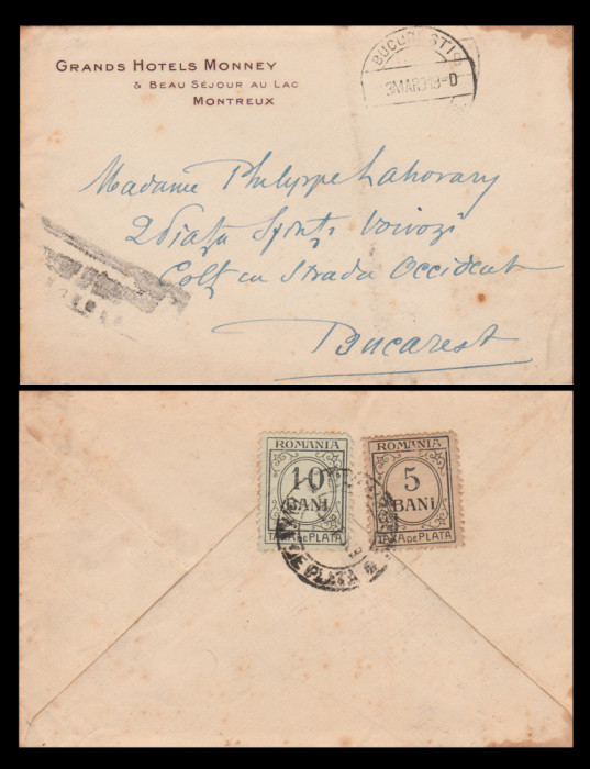 1919 Plic cu scrisoare semnata dilpomat Filip Lahovary, Taxa de Plata, cenzura