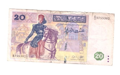 Bancnota Tunisia 20 dinars/dinari 7 noiembrie 1992, circulata, uzata foto