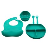Set 5 piese diversificare bebelusi si copii din silicon flippy, baveta, farfurie compartimentata cu ventuza, bol cu ventuza, tacamuri, fara alergeni,