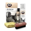 Set Curatare si Intretinere Piele Auto K2 Auron: Solutie Curatare 200ml, Protectie 150ml, Perie, Laveta Microfibra