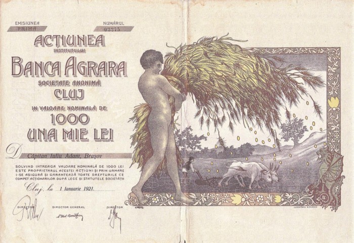 PM285N Acțiunea Institutului Banca Agrară din Cluj, 1921