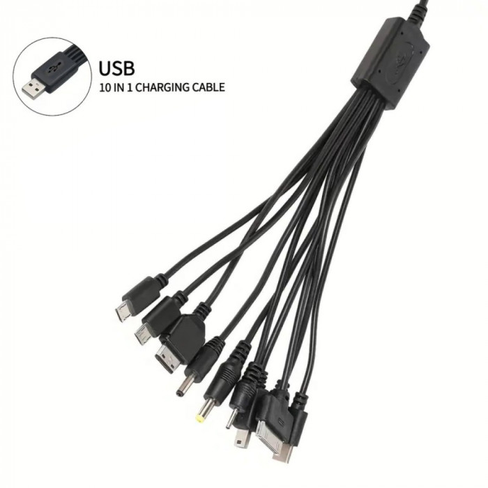 Cablu USB 10 in 1, CT101-N, alimentare de la USB, 10 conectori cu cablu, negru