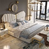 Pat 160x200 Crem Catifea Montefino, Somiera Metalica Inclusa, Tablie Tapitata, Design Modern Elegant, Dormitor Matrimonial Tineret