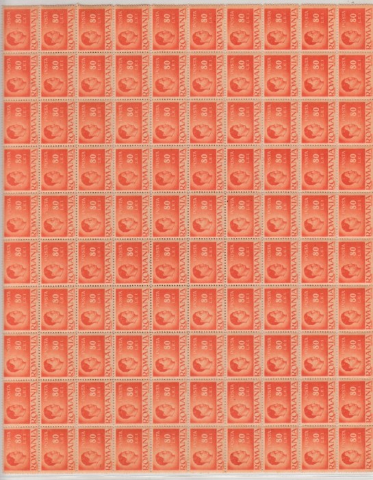 ROMANIA 1945/1947 LP 188 REGELE MIHAI I UZUALE HARTIE GRI VALOAREA 80 LEI PORTOCALIU CU EROARE LE IN LOC DE LEI COALA 100 TIMBRE MNH