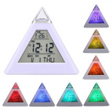 Ceas digital cu alarma, forma piramida, LED multicolor, 8 melodii, temperatura, ora si data, ProCart