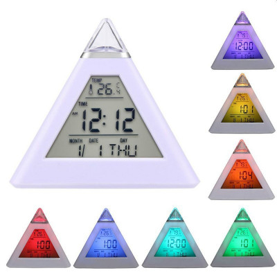 Ceas digital cu alarma, forma piramida, LED multicolor, 8 melodii, temperatura, ora si data foto