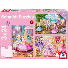 Puzzle Schmidt: Prințese din basme, set de 3 puzzle-uri x 24 piese + cadou: poster