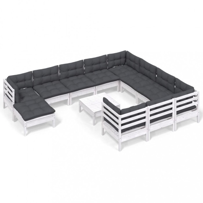 Set mobilier gradina cu perne, 12 piese, alb, lemn de pin