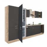 Mobilier de bucătărie Yorki 330, cu corp din stejar Sonoma, fațade antracit cu finisaj satinat, cu dulap cu rafturi și frigider cu congelator &icirc;n parte