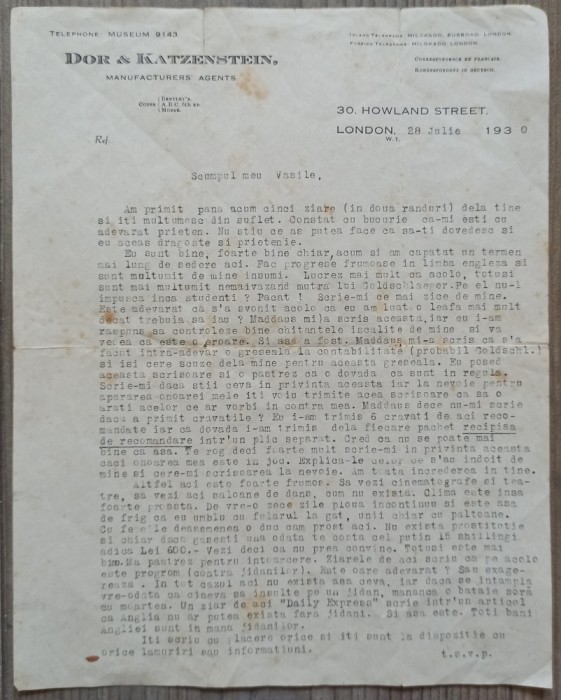 Scrisoare trimisa de un roman din Anglia, 1930, tratand subiecte personale si legate de prostitutie si antisemitism
