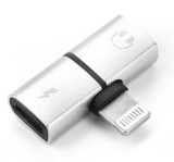 Cumpara ieftin Adaptor Lightning 2 in 1, argintiu, pentru incarcare si casti audio, conector dual pentru telefon, utilizare simultana, design compact