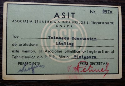 LEGITIMATIA ASIT (ASOCIATIA STIINTIFICA A INGINERILOR SI TEHNICIENILOR DIN RPR) foto