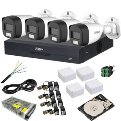 Kit analog Dahua 4 camere analog 5MP IR 20m lumina alba 20m lentila 3.6mm, DVR 4 canale 5MP, sursa 12V 10A, video balun, doza, cablu UTP CAT5, mufe, H foto