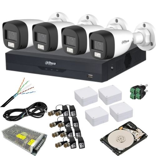 Kit analog Dahua 4 camere analog 5MP IR 20m lumina alba 20m lentila 3.6mm, DVR 4 canale 5MP, sursa 12V 10A, video balun, doza, cablu UTP CAT5, mufe, H