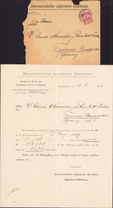 HST A256 Plic + scrisoare 1906 antet Hermannstadter Allgemeine Sparkassa