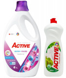 Detergent lichid pentru rufe albe si colorate Active, 6 litri, 120 spalari + Detergent de vase lichid Active, 1 litru, mar