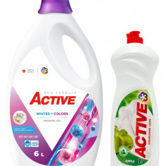 Detergent lichid pentru rufe albe si colorate Active, 6 litri, 120 spalari + Detergent de vase lichid Active, 1 litru, mar
