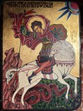 SFANTUL MARE MUCENIC GHEORGHE UCIGAND balaurul/ ICOANA VECHE PE LEMN SEMNATA SI DATATA: M. HUMA 1995 / 270 X 200 X 20 mm. POZE