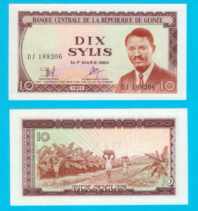 Guineea (p#16) 10 Sylis 1971 UNC &#039;Lumumba&#039; serie: DJ 188206