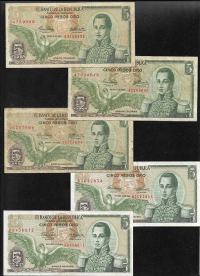 Rar! Set Columbia 5 x 5 pesos 1961 1963 1964 1965 1967 foto