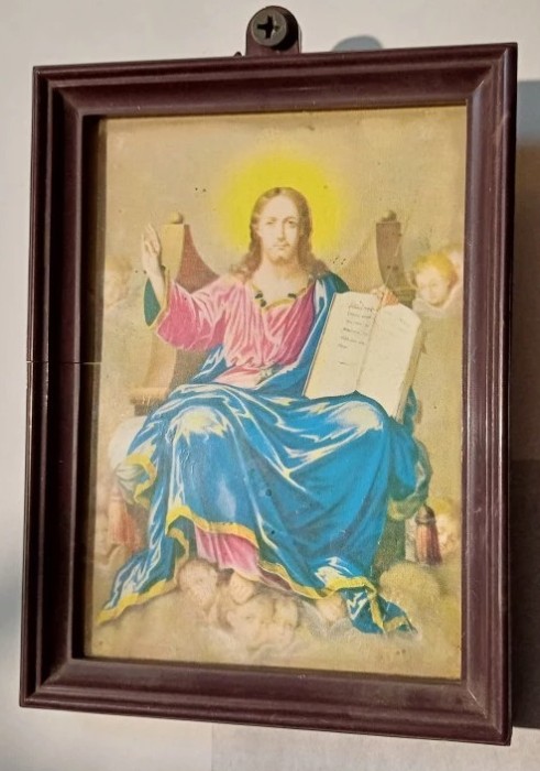CY - Iconita ortodoxa &quot;Domnul Iisus&quot; / litografie sub plexiglas in rama din plastic / 10 cm x 14 cm / stampila din perioada comunista Romania