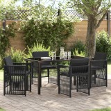 Set de mese pentru gradina cu 5 piese si perne Gossi negru ratan poly, masa pentru gradina Gossi neagra 140x80x73 cm sticla incercata