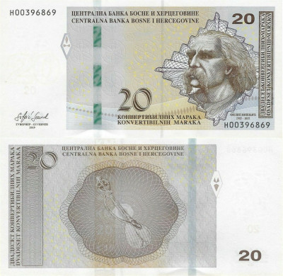 BOSNIA HERTEGOVINA █ bancnota █ 20 Konvertibilnih Marka █ 2019 █ P-83 SRB █ UNC foto