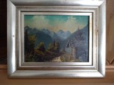 Tablou peisaj cabana in muntii, Peisaje, Ulei, Realism