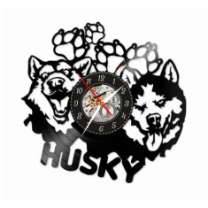 Ceas de perete decorativ &ldquo;Siberian Husky&rdquo;, lucrat manual din disc de vinil (Vinyl Record), design iubitori de animale, Negru