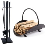 Cumpara ieftin Set 4 Accesorii cu Suport pentru Semineu si Soba din Fier Forjat, 81 cm si Suport de Depozitat Lemne din Aliaj Forjat, 48 cm, Negru