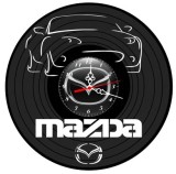 Ceas de perete decorativ realizat din disc de vinil, Model Mazda / Auto Japonez, Negru, 30 cm