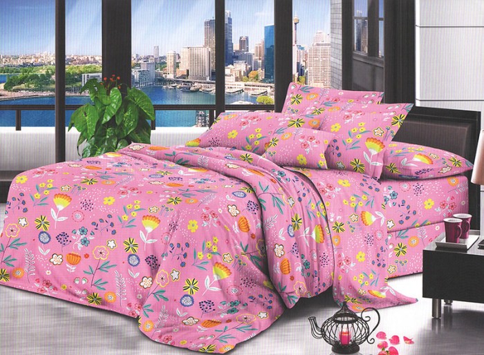 Lenjerie de pat matrimonial cu husa elastic pat si fata perna dreptunghiulara, Octaviana, bumbac mercerizat, multicolor