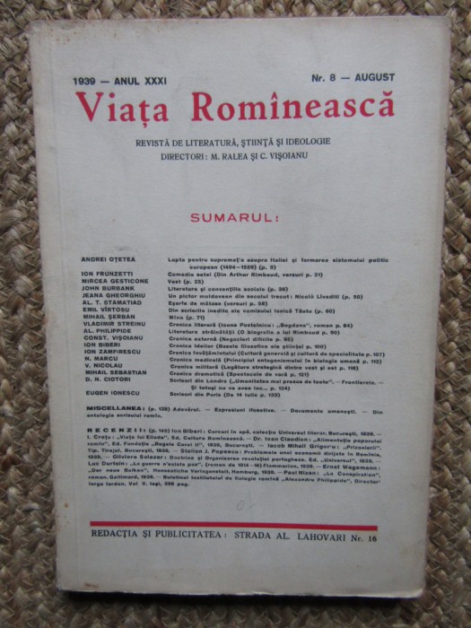 VIATA ROMANEASCA 1939 ANUL XXXI NR 8 - AUGUST