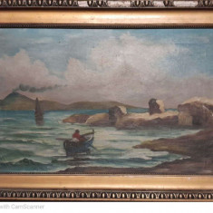 tablou Peisaj marin, ulei pe panza, interbelic, 36x56 cm semnat Mariana