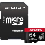 Card de memorie ADATA Endurance, MicroSDXC, 64GB, UHS-I V30, 100MB/s, Class 10 + Adaptor