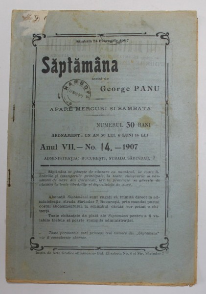 SAPTAMANA , APARE MERCURI SI SAMBATA , scrisa de GEORGE PANU , ANUL VII , NR. 14 - 1907