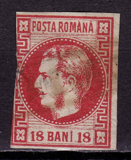 RO 1868 ,LP 24 ,&quot;Carol I cu favoriti&quot;, 18 BANI rosu, un cadru taiat ,stampilat