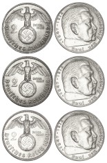SET 3 BUCATI GERMANIA NAZISTA 2 MARCI MARK 1937 1938 1939 REICHS MARK ARGINT EF