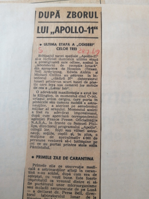 Aselenizarea - comentarea evenimentului in articole de presa contemporane - 1969