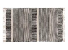 Covor decorativ, bej cu model de puncte negre si linii cu franjuri scurte, 95 x 60 cm foto