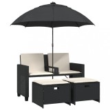 Cumpara ieftin Canapea de gradina cu 2 locuri/umbrela/taburete negru poliratan
