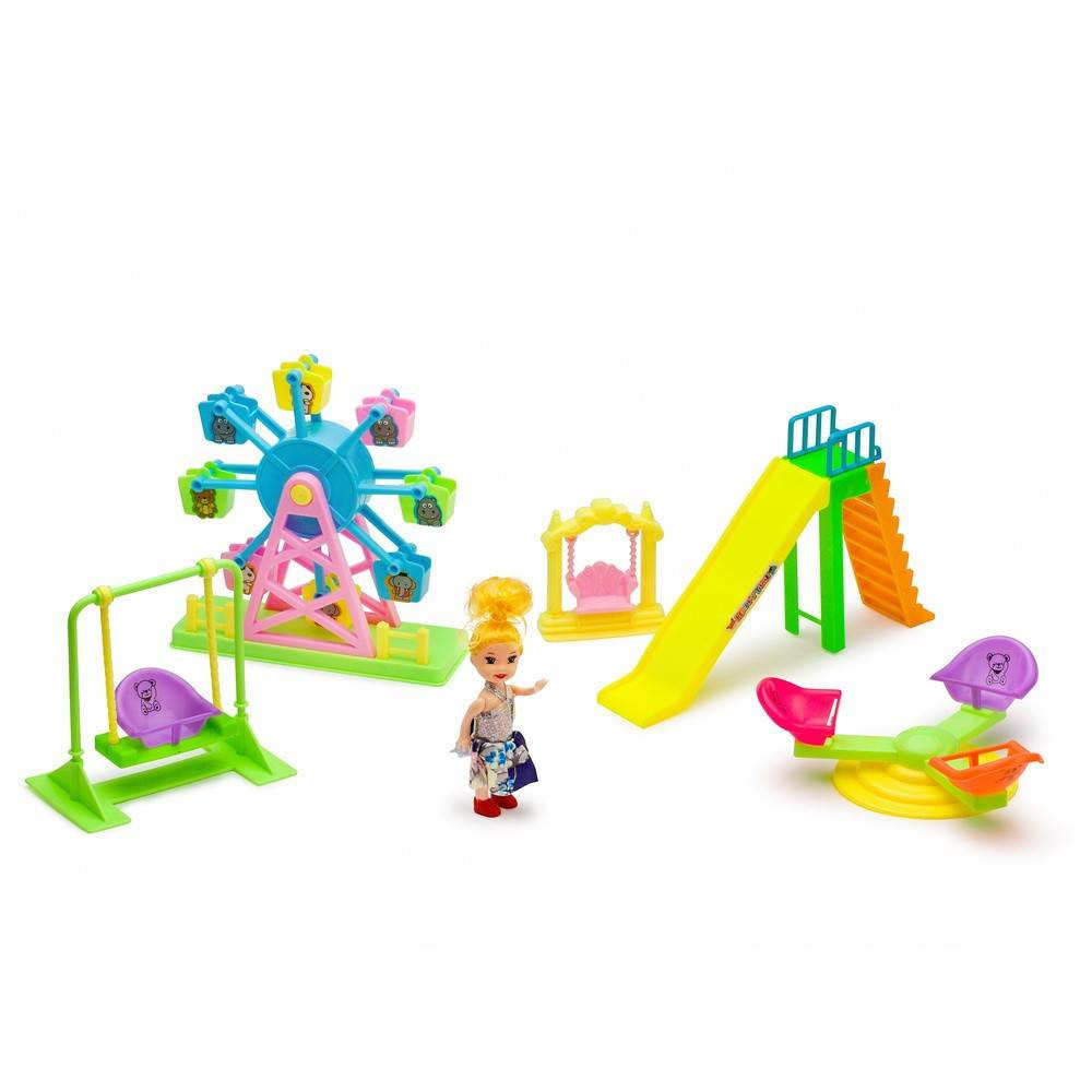 Set de joaca, parc de distractii cu tobogan, carusel, legan, papusica si  alte accesorii de jucarie pentru copii, 44 x 36 x 8 cm | Okazii.ro