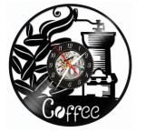 Ceas de perete decorativ, Coffee Shop / Cafenea, realizat din disc de vinil (Vinyl Record), 30 cm, mecanism silențios, negru