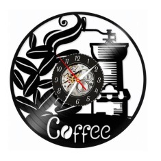 Ceas de perete decorativ, Coffee Shop / Cafenea, realizat din disc de vinil (Vinyl Record), 30 cm, mecanism silențios, negru
