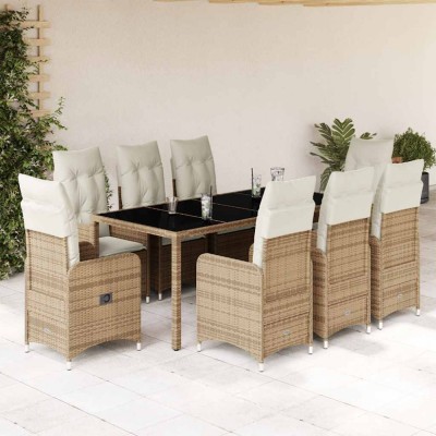 vidaXL Set bistro de grădină, 9 piese, cu perne, bej, poliratan 3277102 foto