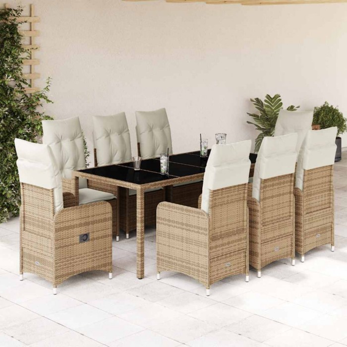 vidaXL Set bistro de grădină, 9 piese, cu perne, bej, poliratan 3277102