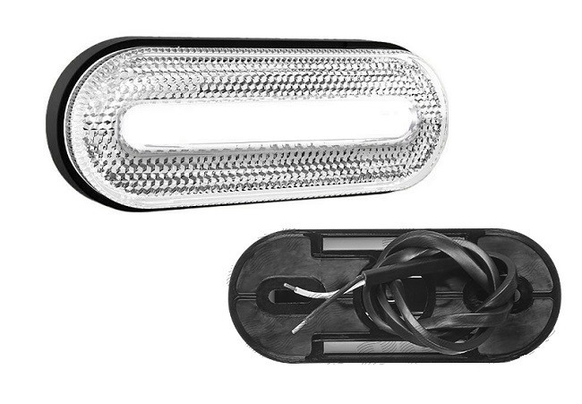 Lampa pozitie gabarit 12/24V; lungime cablu 0,5m; cu element reflectorizant; cu cablu; oval; fixare cu holsurub; LED; alb; Latime: 126 mm; Inaltime: