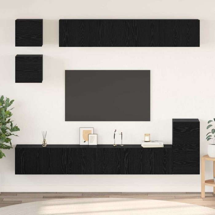 Set comodă TV Pe perete 8 pcs Stejar Negru Lemn compozit