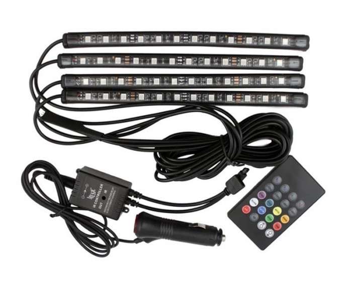 Set lumini led ambientale auto cu telecomanda, 8 culori, senzor muzica