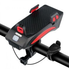 Lumina Pentru Bicicleta 4 in 1 TrendiShop&reg;, Far cu LED, Suport Telefon, Intre 4 inch si 6,3, Claxon, Power Bank 4000, 400 Lumeni, 5 Sunete, Negru, Rez
